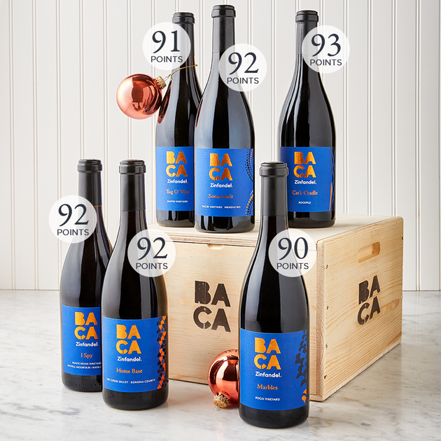 BACA Ultimate Zinfandel Collector Holiday set image featuring 6 bottles of Zinfandel and wooden wine box. 