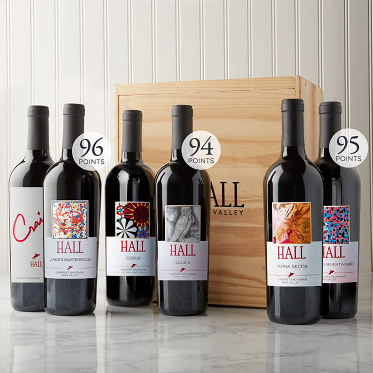 Image of HALL Essential Cabernet Gift set featuring six bottles of HALL Cabernet Sauvignon and a wooden wine box. 