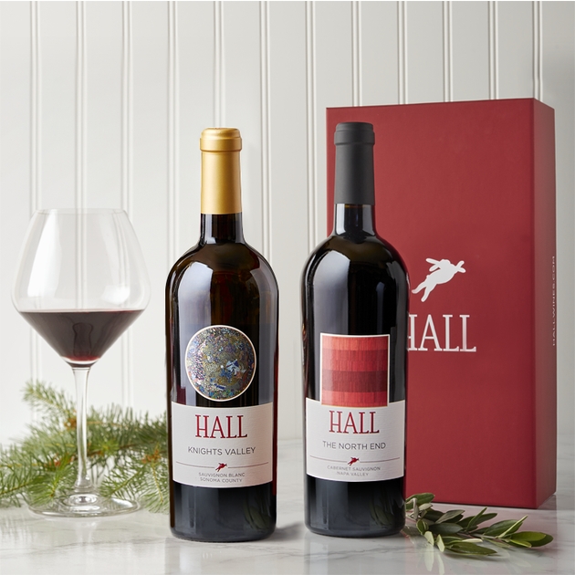 Image of HALL Red & White 2 bottle gift set with red box.