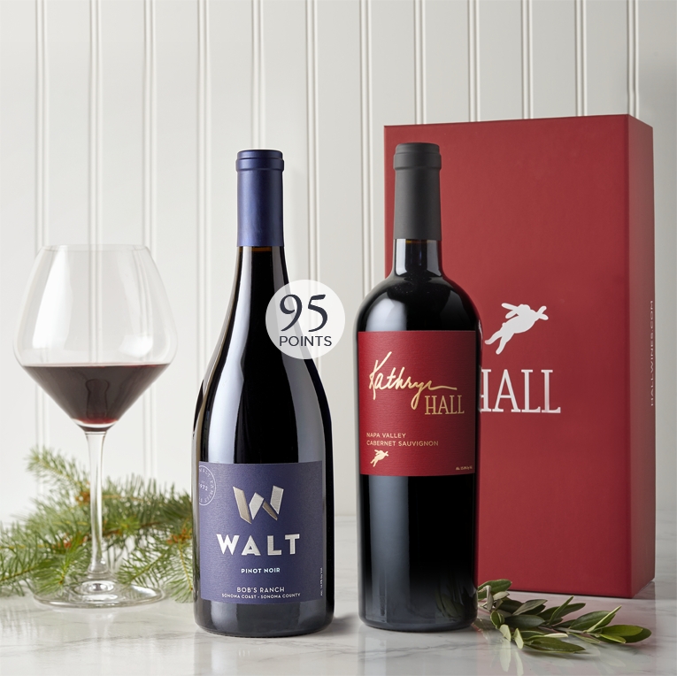 Image of HALL & WALT Heritage 2 Bottle Gift Set with red gift box next to a glass of red wine. 