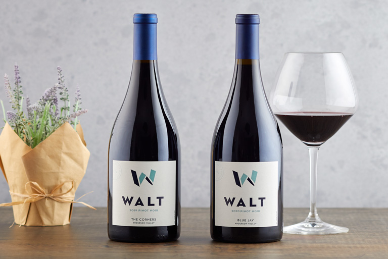 Appellation 1st Quarter 2022 Club Shipment. 2019 The Corners Pinot & 2020 Blue Jay Pinot Noir Noir bottleshots with wine glass to the right with wine in it image